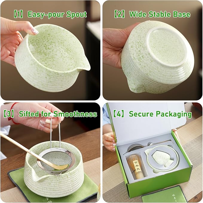 Matcha Whisk Set, Ceramic Matcha Bowl with Spout, Bamboo Whisk, Scoop, Sifter, Holder, Tea Towel, 7-Piece Matcha Kit Set for Making Breakfast/Latte, Square Green, Large, Fusion Style