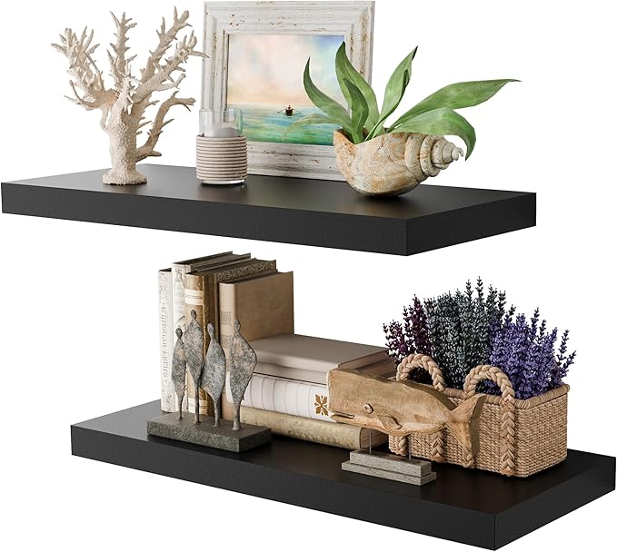 Black 24 Inch Floating Shelves for Wall, 10 Inch Deep Floating Shelves, Wall Shelves for Bathroom Over Toilet, Live Edge Display Shelf with Invisible Brackets for Bedroom, Home Decor