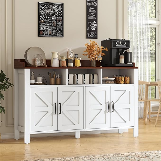Buffet Cabinet with Storage Farmhouse with 4 Doors and 3 Open Compartments, 55'' Large Kitchen Storage Cabinet White Wood Coffee Bar Buffet Sideboard for Kitchen, Dining Room, Living Room