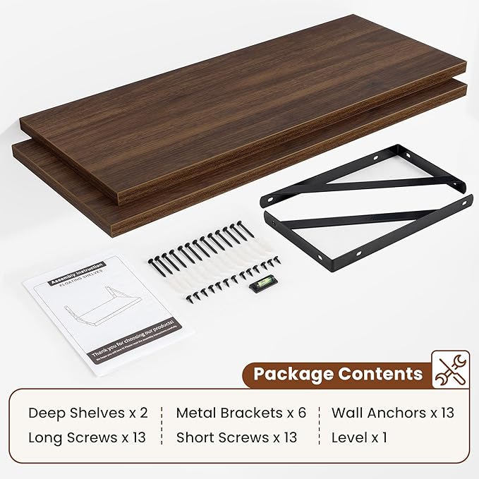 Deep Wall Shelves 36"W x 12"D Engineered Wood Floating Shelves for Wall, Sturdy Metal Bracket Bookshelves Home Decor Storage for Living Room Bedroom Bathroom Kitchen, Set of 2, Walnut Finish