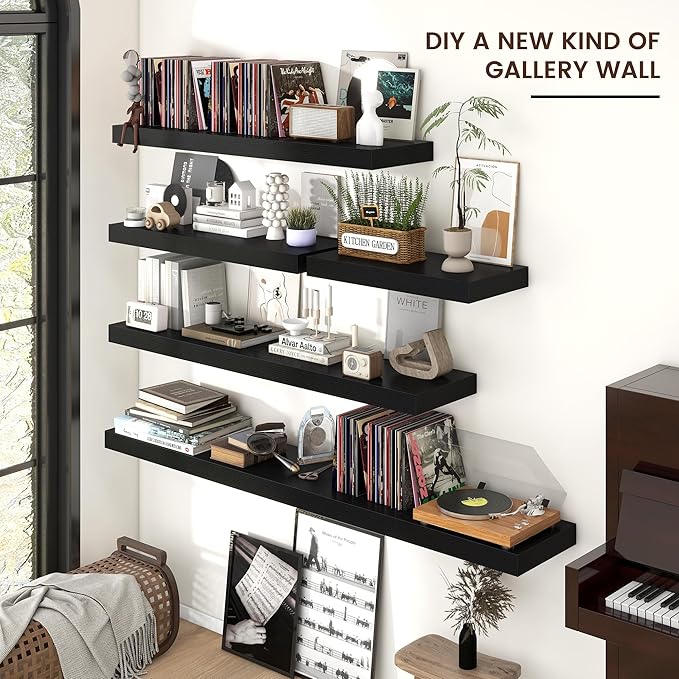 Floating Shelves for Wall, Engineered Wood Wall Shelves with Invisible Brackets for Living Room Bedroom Bathroom Office Kitchen Decor and Storage (Black, 55" W x 9" D x 1.5" H) Set of 1