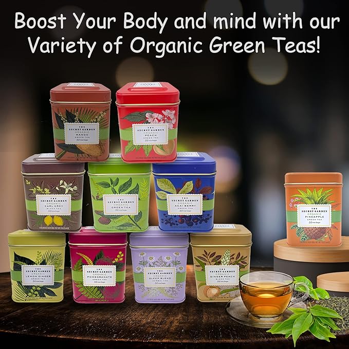 100% Organic Ceylon Green Tea - 50 Packets - Natural Antioxidant Rich Herbal Leaf Teabags - USDA Certified and Non-GMO - Caffeinated Premium Gift Tin