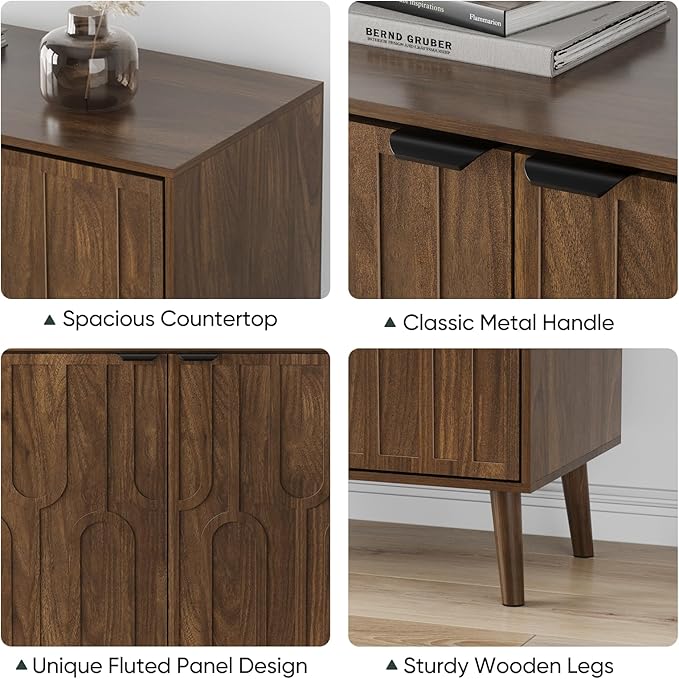 Walnut Buffet Cabinet, Sideboard Cabinet with Storage Fluted Doors, Farmhouse Coffee Bar Table for Kitchen, Living Room, Entryway