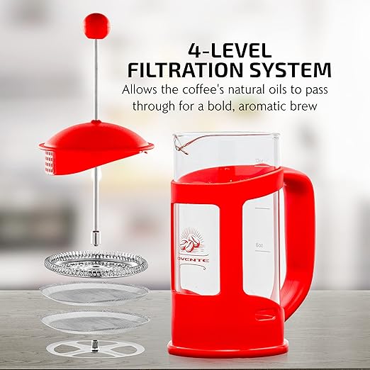 OVENTE French Press Coffee Maker 34 Ounce with Heat Resistant Borosilicate Glass & Stainless Steel 4-Level Filtration System, Portable Cold Brew Coffee Maker for Travel, Camping or Gift, Red FPT34R