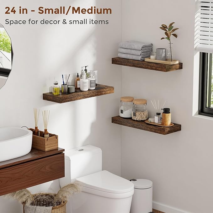 Heimlove 16 Inch Floating Shelves for Wall Rustic Brown Shelves Set of 2,Wall Mounted Rustic Wood 8 Inch Deep Floating Shelf with Invisible Brackets for Bedroom Kitchen Living Room