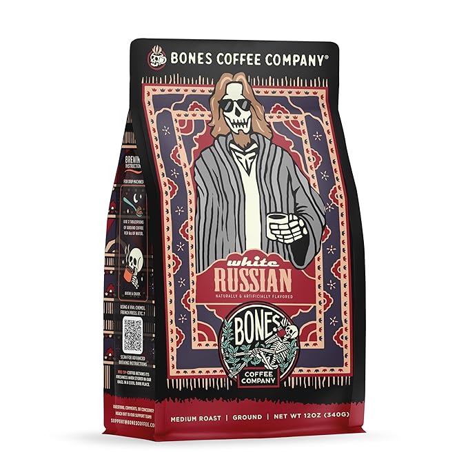 Bones Coffee Company White Russian, Cream and Cocktail Flavored Coffee, Medium Roast Low Acid Arabica Beans Compatible with Auto drip and French Press Coffee Maker, 12 Oz Ground