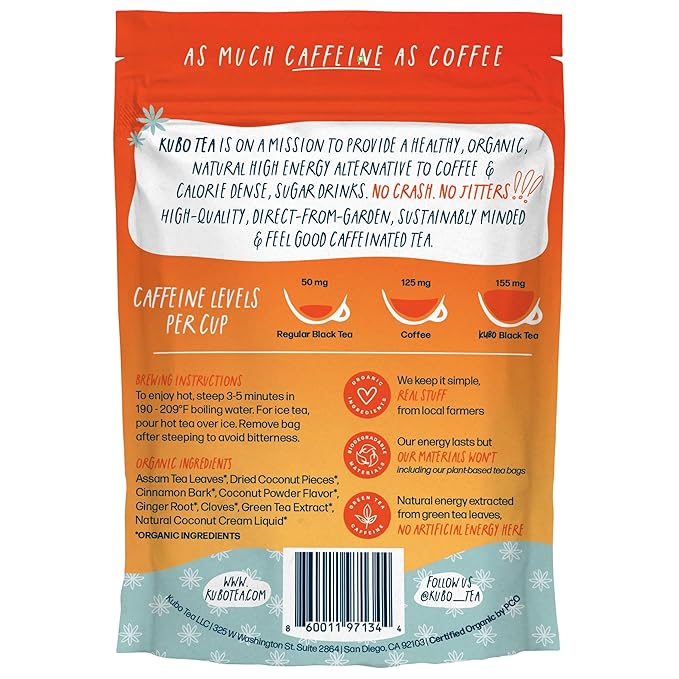 High Caffeine Tea (155 mg) - Kubo Tea: Organic Coconut Chai Black Tea Bags for Clean Energy & Focus | Healthy Coffee Substitute | Spiced Caffeine Blend | 20 Ct | Compostable Packaging