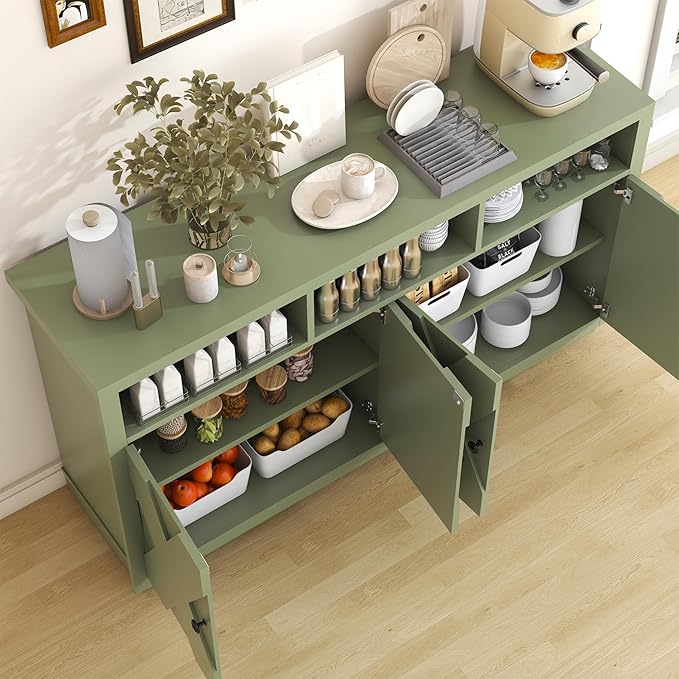 60” Large Sideboard Buffet Cabinet with Storage, Farmhouse Kitchen Buffet Cabinet with Adjustable Shelves and 4 Barn Doors, Wood Coffee Bar Storage Cabinet for Kitchen, Dining Room, Green