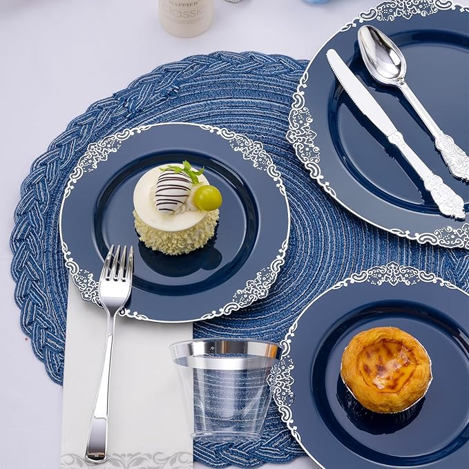 175PCS Navy Blue Plastic Plates for 25 Guests, Disposable Plates with Gold Trim include 25 Dinner and Dessert Plates, 75 Gold Silverware, 25 Cups, 25 Napkins for Party, Wedding & Graduation