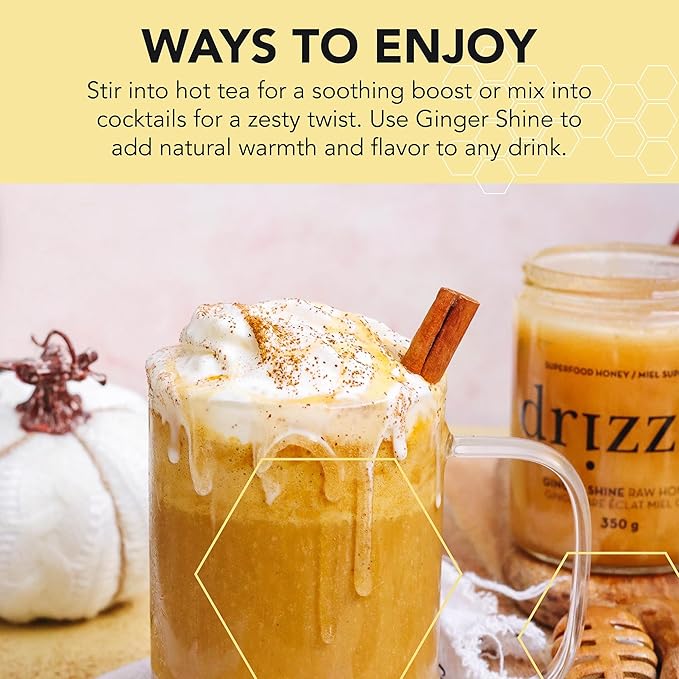 Drizzle Ginger Shine Raw Honey - All Natural Pure Raw Honey with Organic Ginger, Unfiltered & Unheated, Use in Tea & Coffee, Sugar Substitute, Certified Kosher - 13.2 oz Jar (375 g)