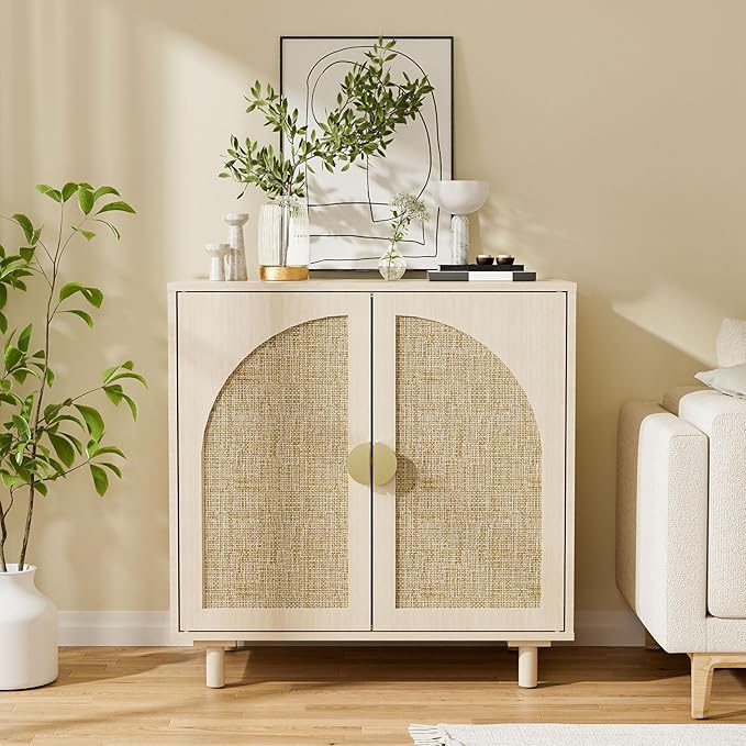 Small Buffet Cabinet with Storage, Credenza Cabinet with Rattan Decorated Doors, Magnetic Latch, Adjustable Shelf, 29.8x15.7x31.5 inches, Natural