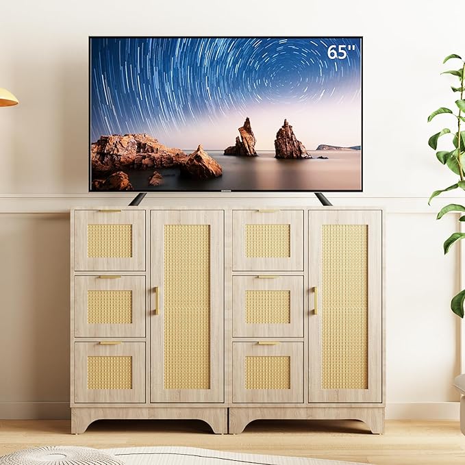ALBAD Boho Sideboard Buffet Cabinet with 3 Storage Drawer Rattan Door and Adjustable Storage Shelves Rustic Farmhouse Coffee Bar for Dining Room, Kitchen, Natural Wood