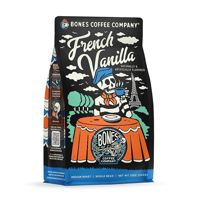 Bones Coffee Company French Vanilla, Creamy Vanilla Flavored Coffee, Medium Roast Low Acid Arabica Beans Compatible with Auto drip and French Press Coffee Maker, 12 Oz Whole Bean
