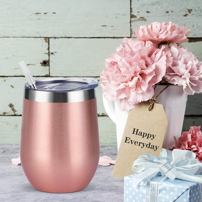 12 Pack Stainless Steel Wine Tumblers, 12Oz Double Wall Vacuum Insulated Wine Tumblers with Lids and Straws, Stainless Steel Stemless Wine Glasses for Coffee, Wine, Cocktails, Champaign, Rose Gold