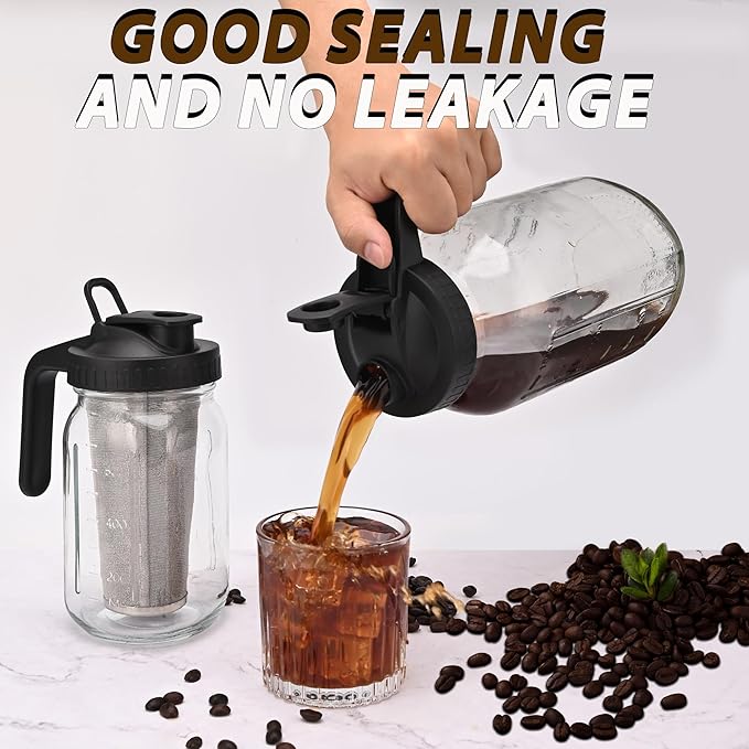 TECHSHARE Cold Brew Coffee Maker Jar 32oz – Heavy Duty Mason Pitcher with Stainless Steel Filter, Wide Mouth Spout Lid & Handle for Iced Coffee, Tea, Lemonade, and Fresh Fruit Drinks