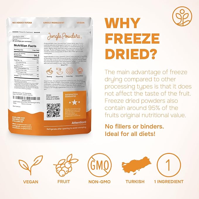 Jungle Powders Apricot Powder 3.5 Ounce Powdered Freeze Dried Apricot Fruit Smoothie No Sugar Added Additive and Filler Free Dehydrated Apricots Extract For Baking & Flavoring No Apricot Seeds Kernels