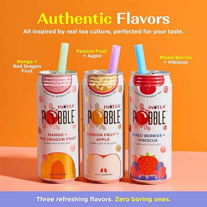 Inotea Pobble Bursting Bubble Tea - Refreshing Taiwanese Canned Boba with Popping Pearls - Ready-to-Drink Boba Tea - Enjoy Real Boba Without the Long Lines - Mixed Berries + Hibiscus - 12 pack