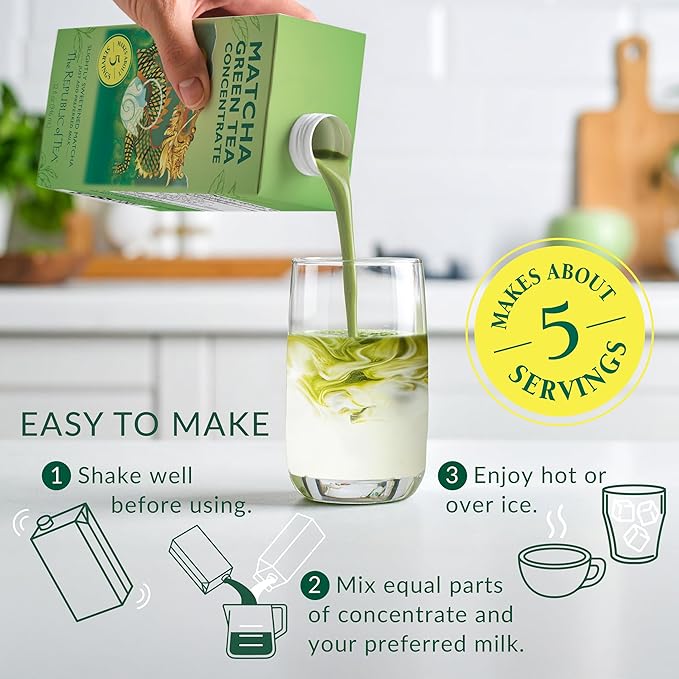 The Republic of Tea – Matcha Green Tea Concentrate, 6 Cartons – 32 fl oz (5 Servings), Matcha Latte Mix, Naturally Caffeinated, Gluten Free, Japanese Green Tea