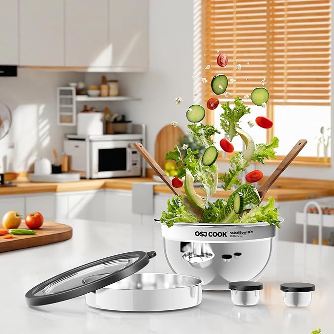 18/8 Stainless Steel Salad Bowl Kit - 74oz, Mixing Bowls with Lids Set, Teakwood - Comes with 1.7oz Condiment Container and Removable Tray for Organization - Leak-Proof, Dishwasher Safe (Mirror)