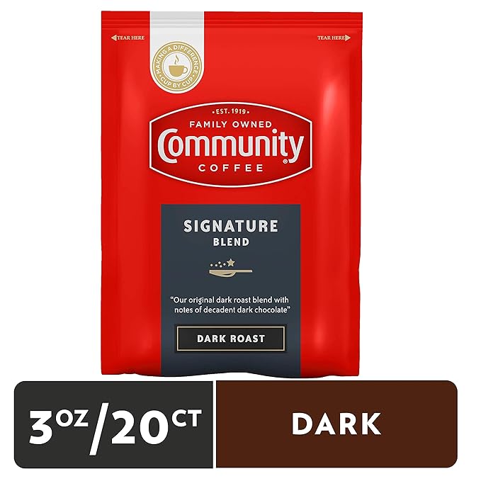 Community Coffee Signature Blend Pre-Measured Coffee Packs, Dark Roast, 3.0 oz Each (Box of 20)