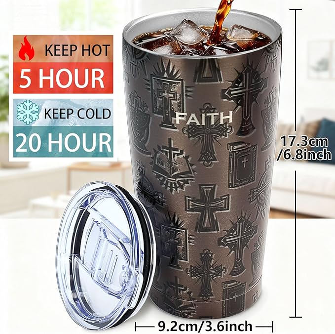 20oz Stainless Steel Double Insulated Tumbler | Christian Cross & Faith Design, Leak-Proof Travel Mug Cup for Hot/Cold Drinks, Ideal Pastor Appreciation/Catholic/Religious/Inspirational Gift