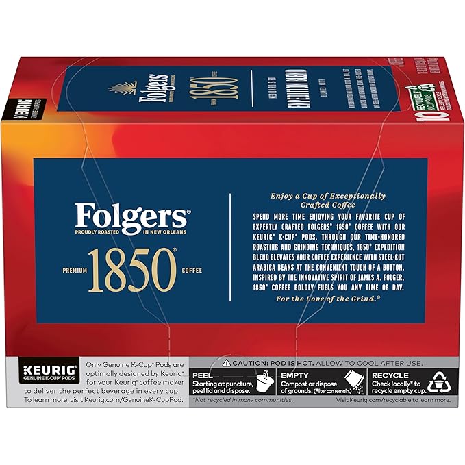 1850 by Folgers Pioneer Blend Medium Roast Coffee, 10 Keurig K-Cup Pods