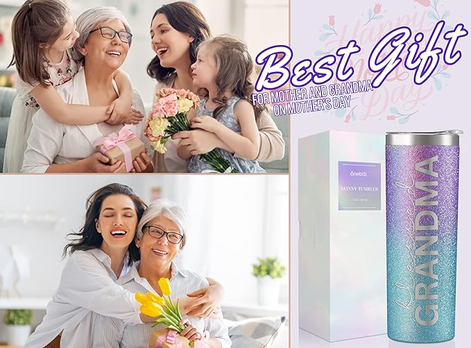 Onebttl Christian Grandma Gifts for Mother's Day, 20oz Purple & Blue Glitter Skinny Tumbler, Straw & Lid Included, Blessed Grandma Gifts
