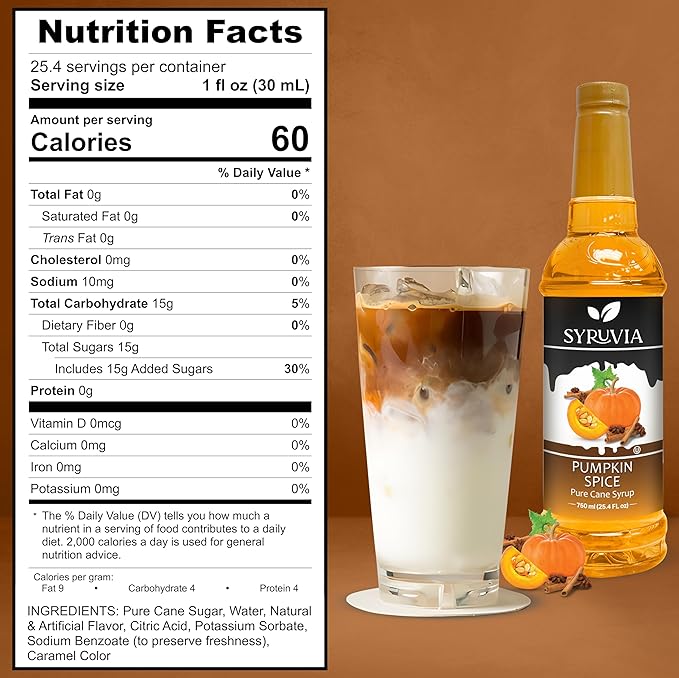 Syruvia Pumpkin Spice Coffee Syrup, Flavored Syrup for Drinks, Lattes, and Desserts – 25.4 fl oz, With Pump