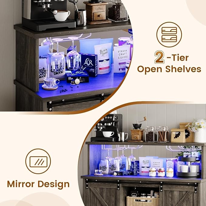 4ever2buy Farmhouse Coffee Bar with LED Lights, 47 inch Coffee Bar Cabinet with Storage, Wine Bar Cabinet with Glass & Wine Racks for Living, Dining Room, Grey