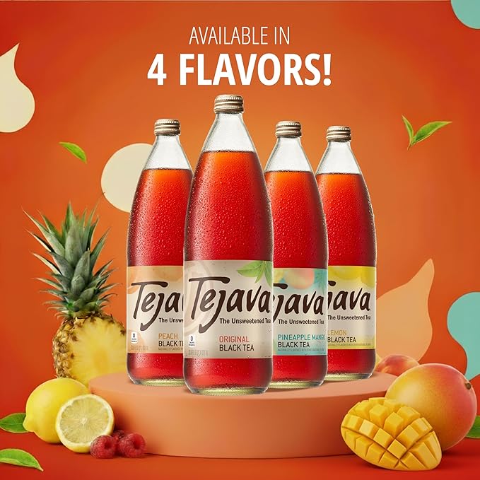 Tejava Original Unsweetened Peach Iced Tea, 12 Pack, 1 Liter Glass Bottles, Non-GMO, Kosher, No Sugar or Sweeteners, No calories, No Preservatives, Brewed in Small Batches