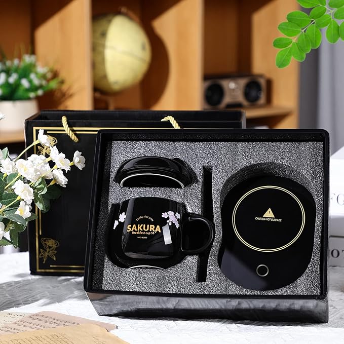 Honeydak Coffee Mug Warmer Cute Cat Mug Set Cup Warmer for Desk for Women Heated Coffee Warmer for Mom Home Office Christmas Birthday Gifts(Black)