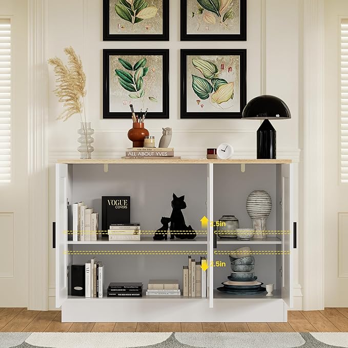 Anystyle 43" White Buffet Cabinet with Black Handles, Small Kitchen Sideboard with 3 Doors & Adjustable Shelves, Modern Entryway Credenza & TV Console Table for Living Room, Dining Room