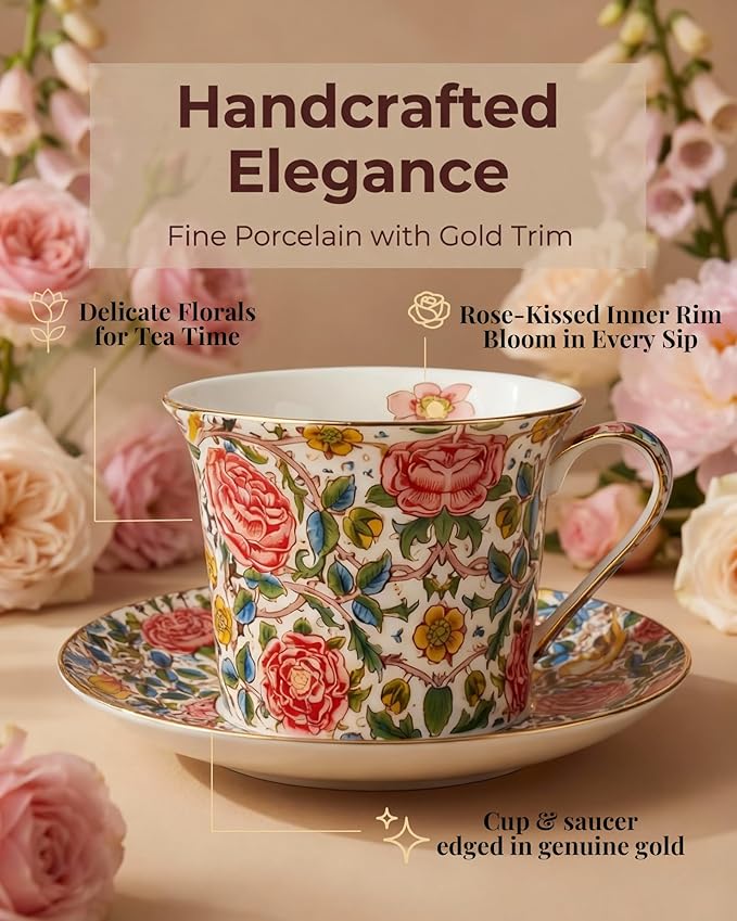 Exquisite Bone China Tea Cups and Saucer Set – Elegant Porcelain Tea Cups, Beautifully Detailed for Tea Lovers, Gift-Ready for Christmas, Hostess, Holiday Gift & Fall Decor