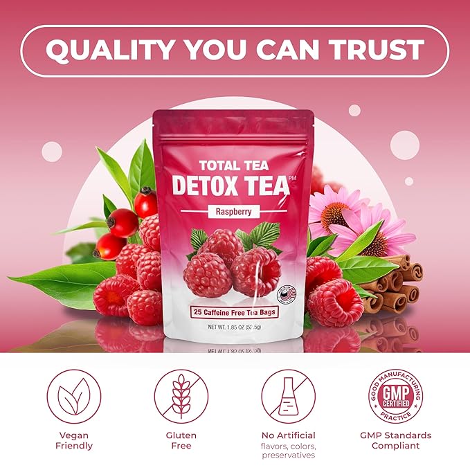 Total Tea SIimming Detox Tea Caffeine Free - 25 Day Detox - Herbal Tea with Chamomile, Hibiscus Tea & Ginger Root for Colon Cleanse – Natural Raspberry Fruit Tea