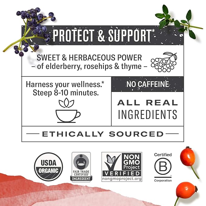 Numi Organic Immune Support Herbal Tea, 48 Tea Bags, Caffeine-Free Blend with Elderflower Elderberry Rosehip and Thyme for Soothing Flavor and Daily Wellness