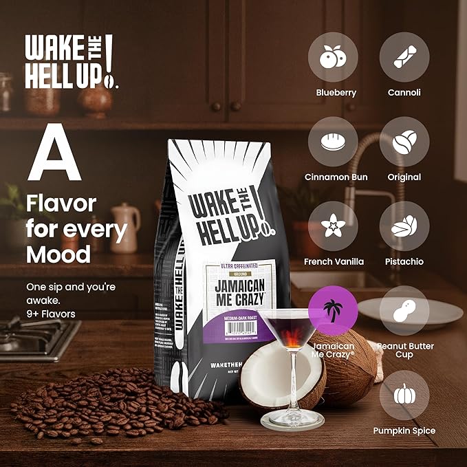 Wake The Hell Up! 1lb Ultra-Caffeinated Jamaican Me Crazy® Ground Coffee, Low Acid, Medium-Dark Roast