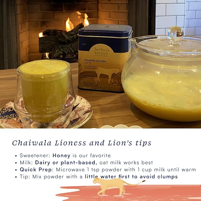 Herbs & Kettles Calming Golden Turmeric Latte | Caffeine-Free Blend with Turmeric, Ashwagandha & Spices | 25-30 servings | Ayurvedic Drink for Warming, Soothing & Wellness | Golden Latte Mix, 1.76 oz | Enjoy Hot or Iced