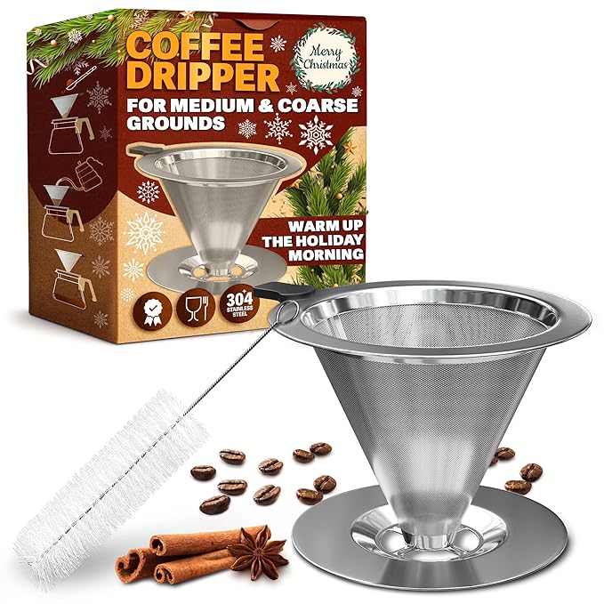 Pour Over Coffee Dripper - 3.18x4.48" Stainless Steel Pour Over Coffee Maker with Large Plastic Handle, Wide Secure Base and a Brush for Cleaning - Ensures Well-Balanced and Reach Tea Infuser