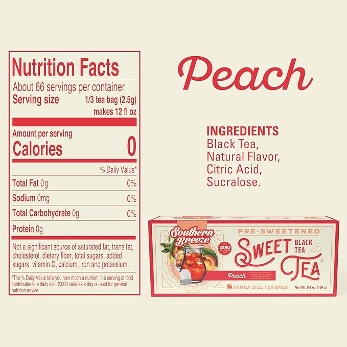 Southern Breeze Hot Brew Sweet Tea Peach Iced Tea with Black Tea and Zero Carbs Zero Sugar, 22 Family Size Tea Bags, Pack of 6