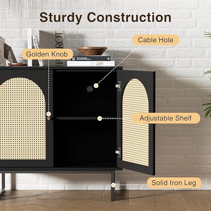 Sideboard Buffet Cabinet with Rattan Doors, Sideboard Cabinet with Metal Legs for Living Room, Hallway, Entryway (Black, 2 Doors)