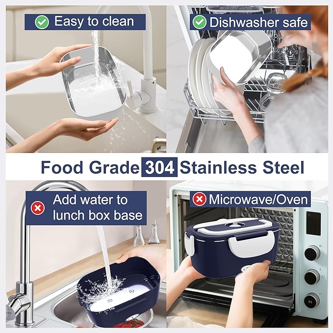 Electric Heated Lunch Boxes Adults: 80W Electric Lunch Box Food Heated 12/24/110V 1.5L Heatable Lunch Box for Car/Truck/Office Leak-Proof Stainless Steel Container, Fork & Spoon, Bag (Blue+White)