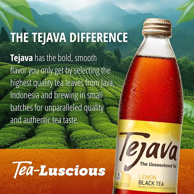 Tejava Lemon Black Iced Tea, 4 Pack, 12oz Glass Bottles, Unsweetened, Non-GMO, Kosher, No Sugar or Sweeteners, No calories, No Preservatives, Brewed in Small Batches