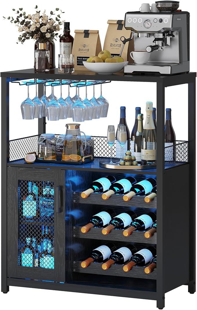 Vintage 3-Tier Wine Bar Cabinet with Adjustable Shelves, Glass Holders, Mesh Door, Small Buffet Sideboard Liquor & Coffee Bar Cabinet for Kitchen, Dining Room, Living Room