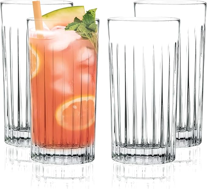 Barski Highball Glass - Drinking Glasses - Set of 4 - Hiball Tumblers - Glass Crystal Tumbler - for Water, Juice, Beer, Mixed Cocktails, Mojito Glass, Tom Collins Bar Glassware, 15 oz, Made in Europe