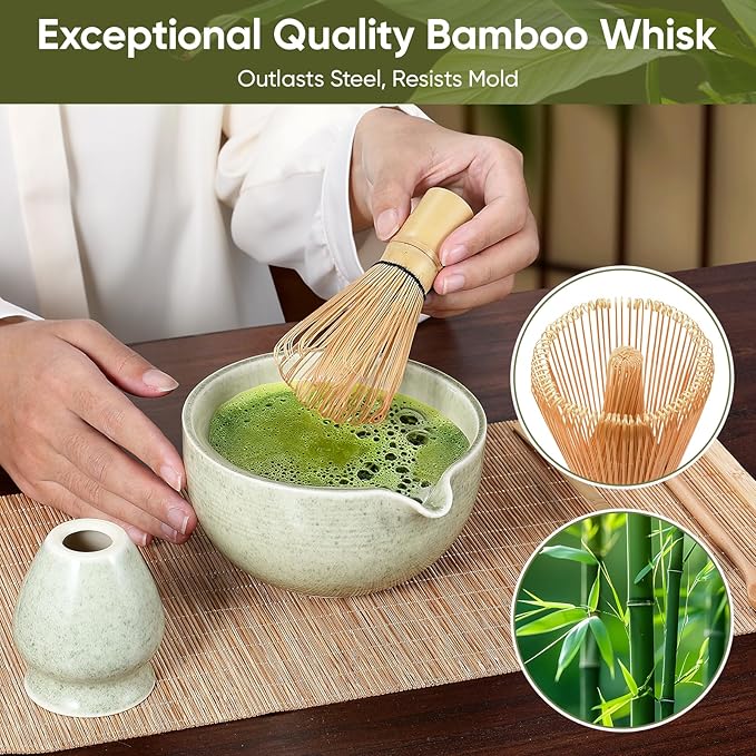 Matcha Whisk Set 10pcs – Traditional Japanese Matcha Kit with Bamboo Whisk, Ceramic Matcha Bowl with Pouring Spout, atcha Kit for Ceremony, Making Tools for Tea Ceremony (Matcha Green)