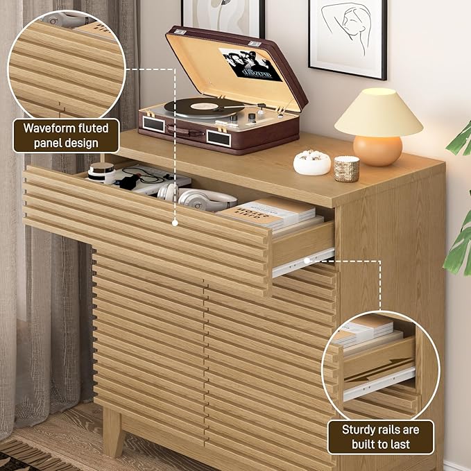 Fluted Coffee Bar Cabinet, Natural Storage Cabinet with 2 Doors and Drawer, Buffet Sideboard with Adjustable Shelves, Floor Storage Cabinets for Kitchen, Living Room, Dining Room