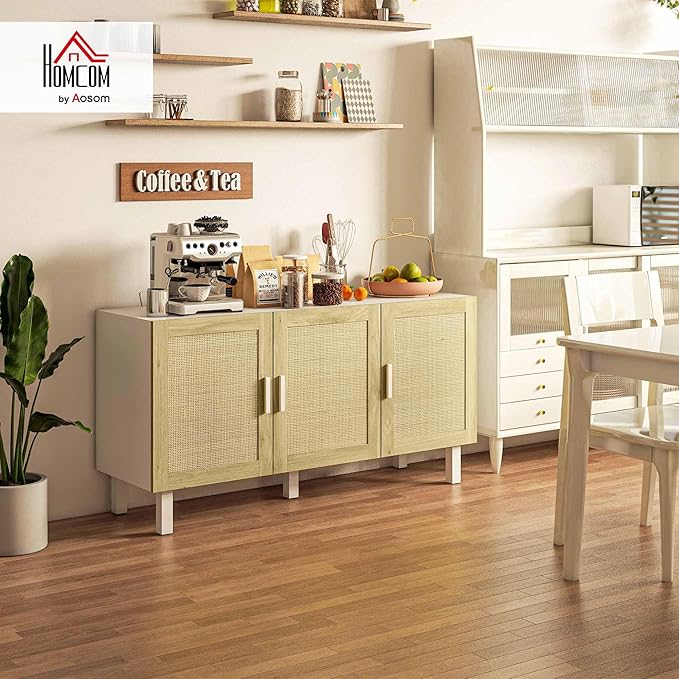 HOMCOM Boho Sideboard Buffet Cabinet, Coffee Bar Cabinet with 3 Rattan Doors and Adjustable Shelves for Kitchen, Living Room, White and Natural