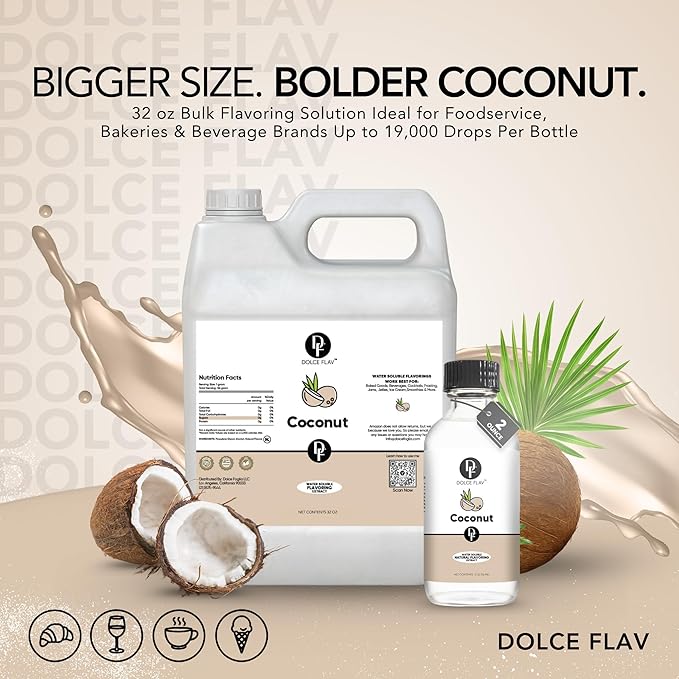 Dolce Flav Coconut Flavoring – 32 oz. – Premium Water-Based Extract for Ice Cream, Desserts, Boba, Beverages & Baked Goods | Ideal for Tropical-Inspired Menus & Commercial Kitchens