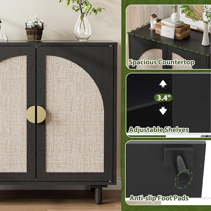 Black Rattan Sideboard Buffet Cabinet with Doors and Shelf, Rattan Accent Cabinet with Wood Feet, Boho Storage Cabinet for Living Room, Kitchen, Entryway