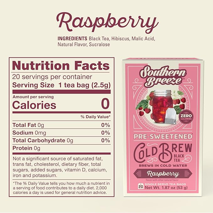 Southern Breeze Cold Brew Sweet Tea Raspberry Iced Tea with Black Tea and Zero Carbs Zero Sugar, 20 Individually Wrapped Tea Bags Southern Sweet Tea Iced Tea Beverage
